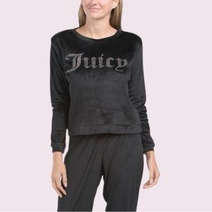Juicy Couture Black Velour Lounge Top Long Sleeve Bling Rhinestone Studded‎ Y2K